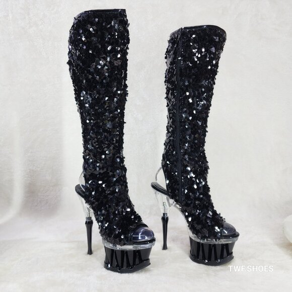 Pleaser Spiky Black Sequin Knee Boots Spiked Design Platform - Picture 3 of 12